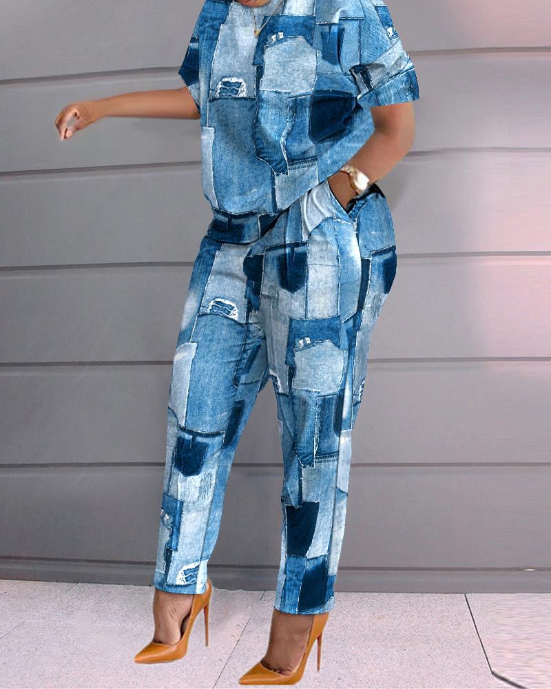 

Plus Size Denim Look Print Casual Top & Pants Set, Blue