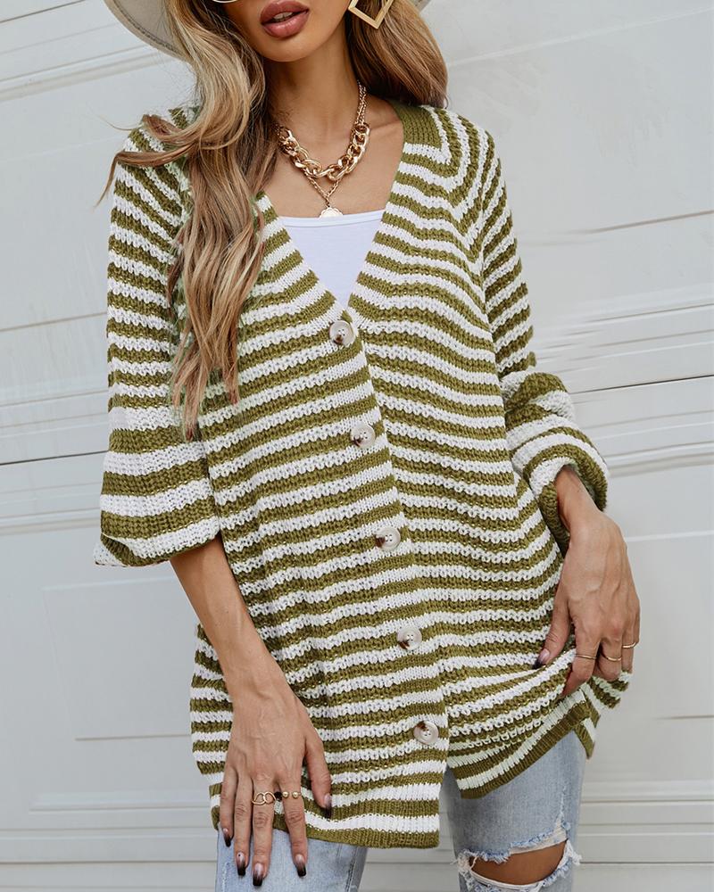 

Button Front Striped Print Lantern Sleeve Knit Cardigan, Green