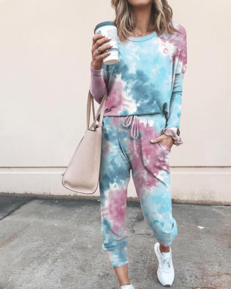 

Tie Dye Print Top & Drawstring Pants Set, Blue