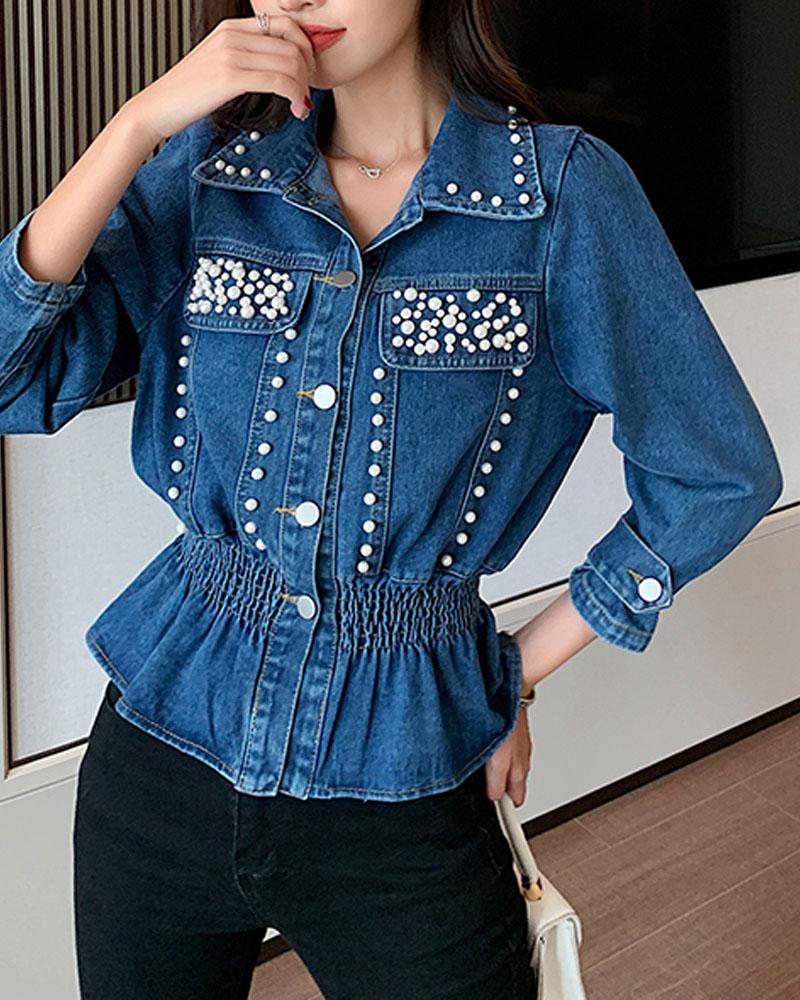 

Pearls Decor Shirred Button Front Denim Coat, Blue