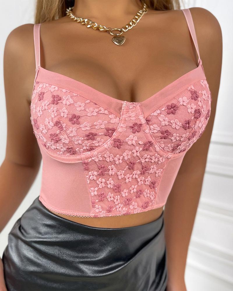 

Embroidery Ditsy Floral Lace Crop Cami Top, Pink
