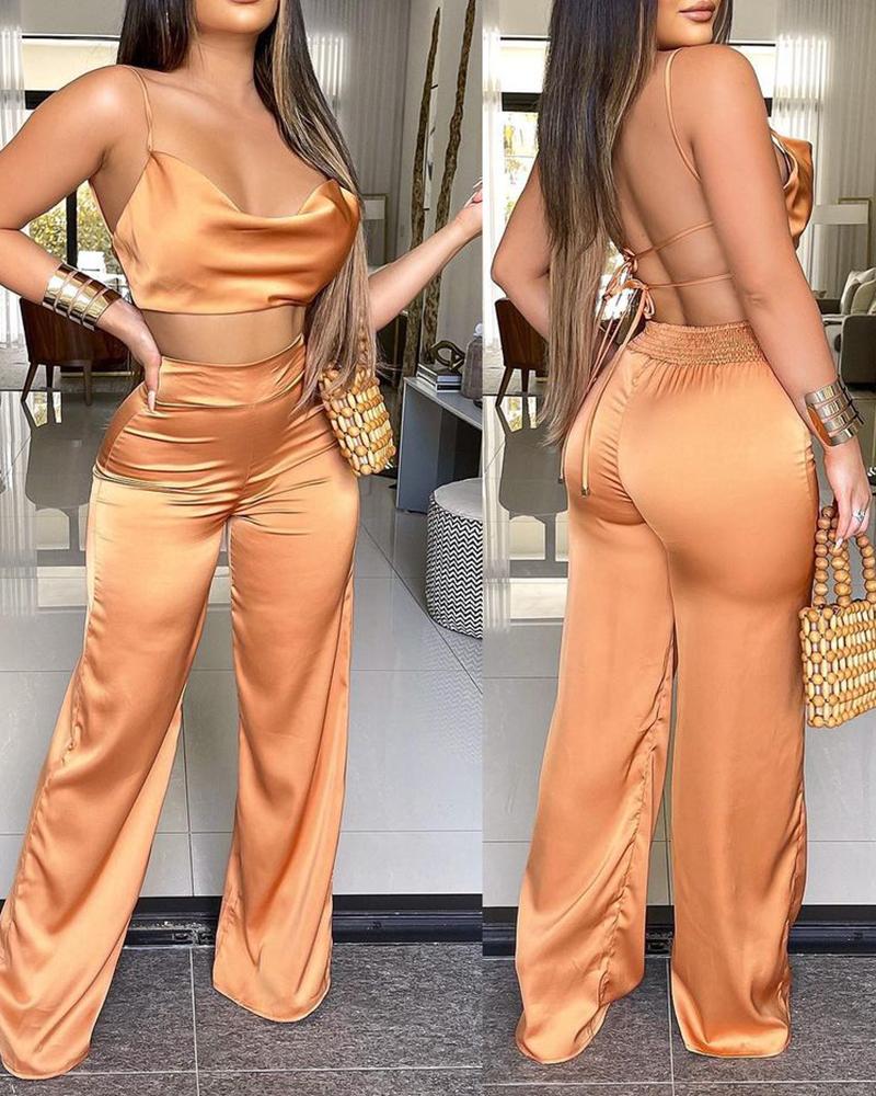 

Two Piece Sets Plain Spaghetti Strap Satin Cowl Neck Crop Top & Shirred Wide Leg Pants Set, Khaki