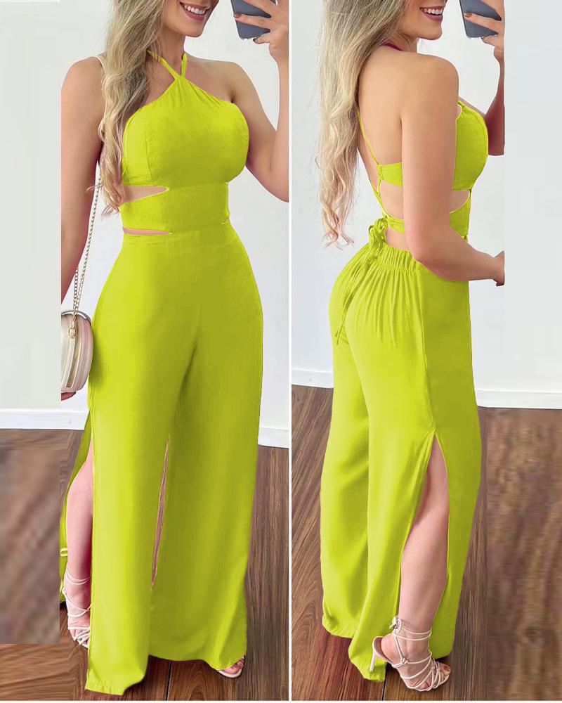 

Criss Cross Backless Split Hem Halter Jumpsuit, Yellow