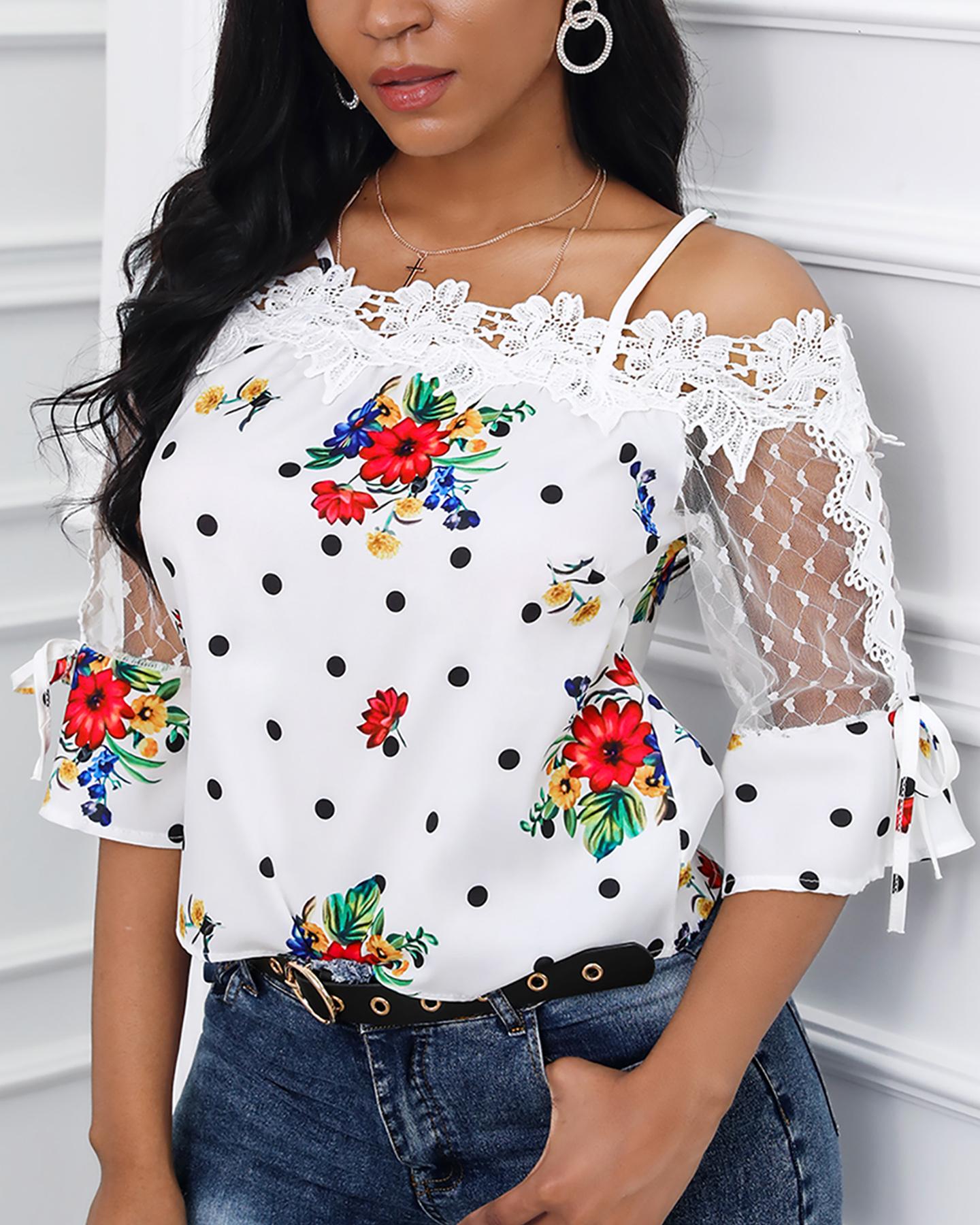 

Cold Shoulder Lace Floral Polkadot Print Top, White