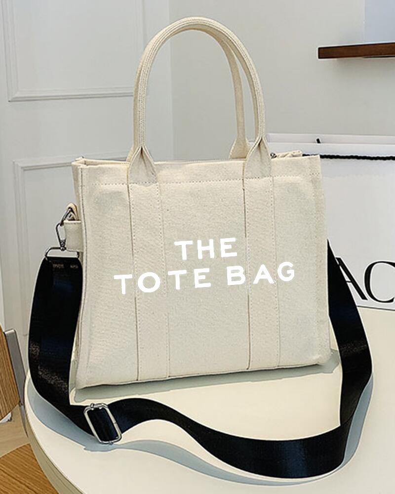 

Trendy Letter Print Crossbody Adjustable Strap Satchel Tote Bag, Beige