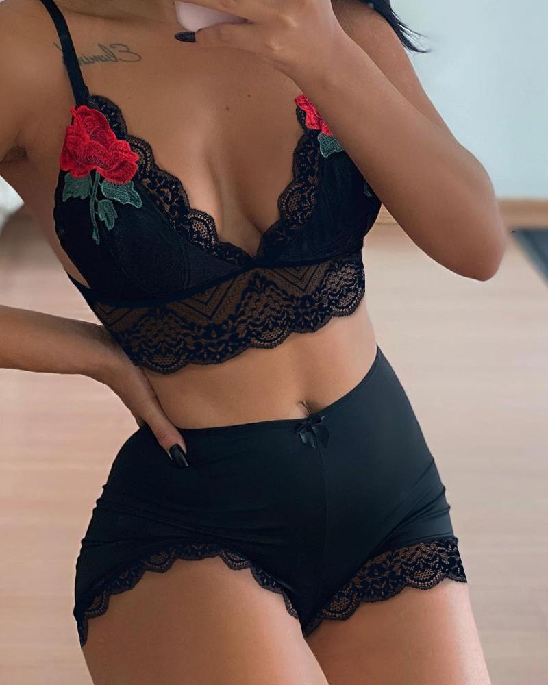 

Floral Print Lace Trim Spaghetti Strap Top & Shorts Set, Black