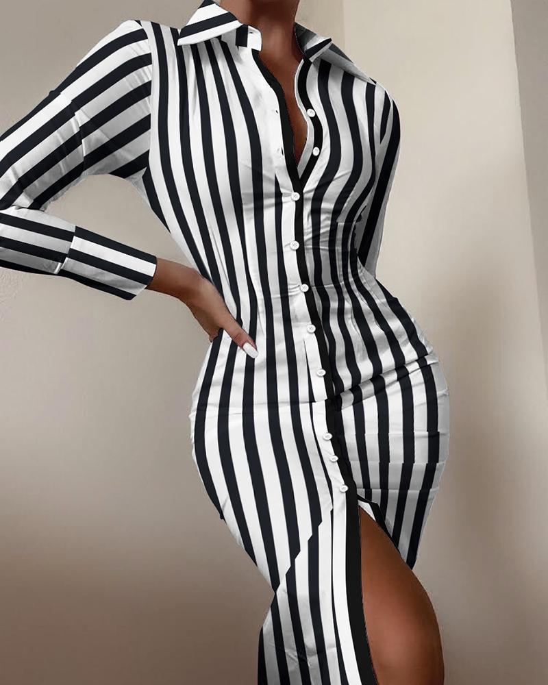 

Black & White Striped Button Front Shirt Dress Long Sleeve Slim Bodycon Dress