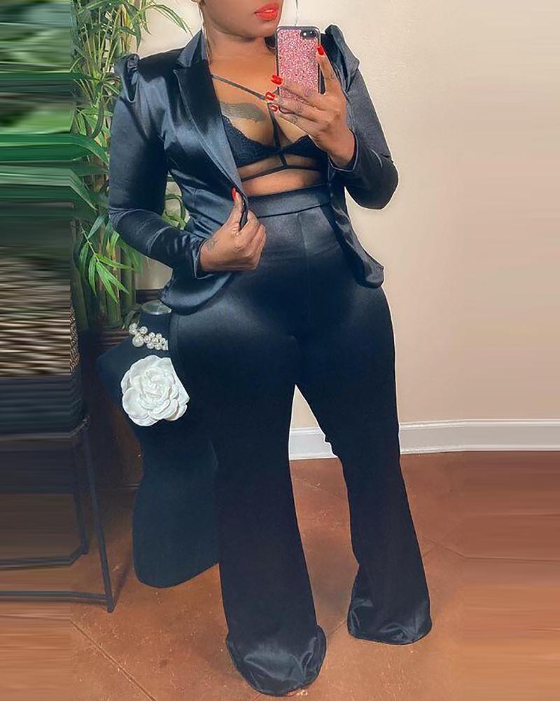 

Satin Puff Sleeve Coat & High Waist Bootcut Pants Set, Black