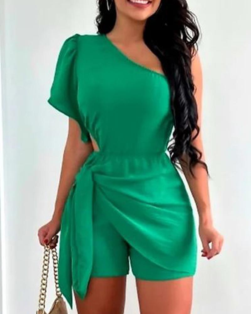 

One Shoulder Tied Detail Cutout Skort Romper, Green