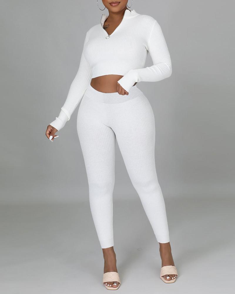 

Ribbed Zipper Front Crop Top & Pants Set, White