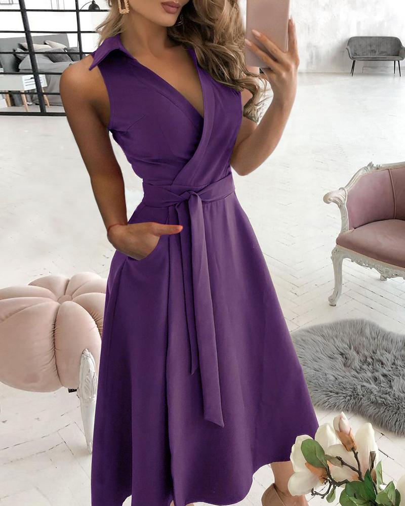 

Pocket Design Sleeveless Wrap Shirt Dress With Belt, Purple
