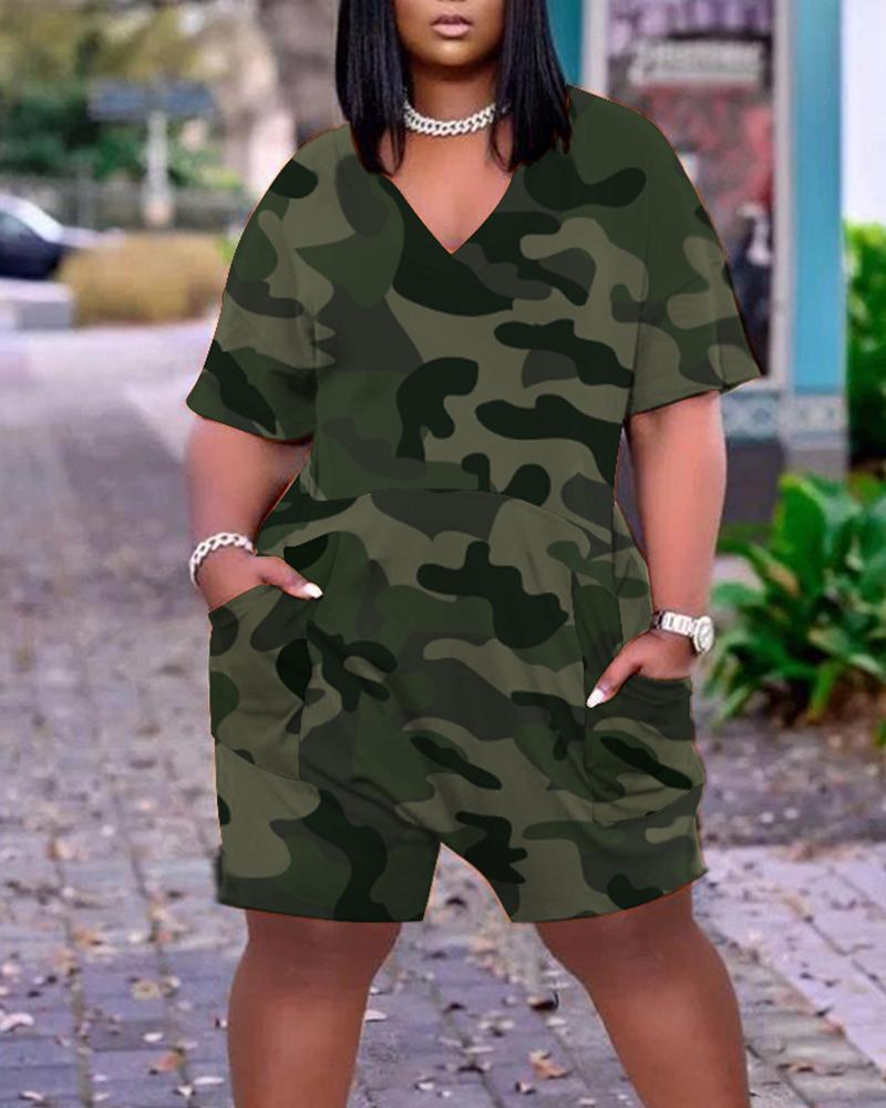 

Camouflage Print Short Sleeve Rompers, Camoflage