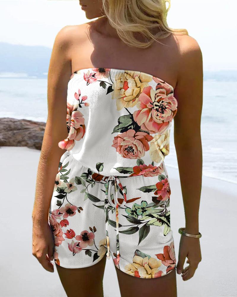 

Floral Print Drawstring Waist Tube Romper, White