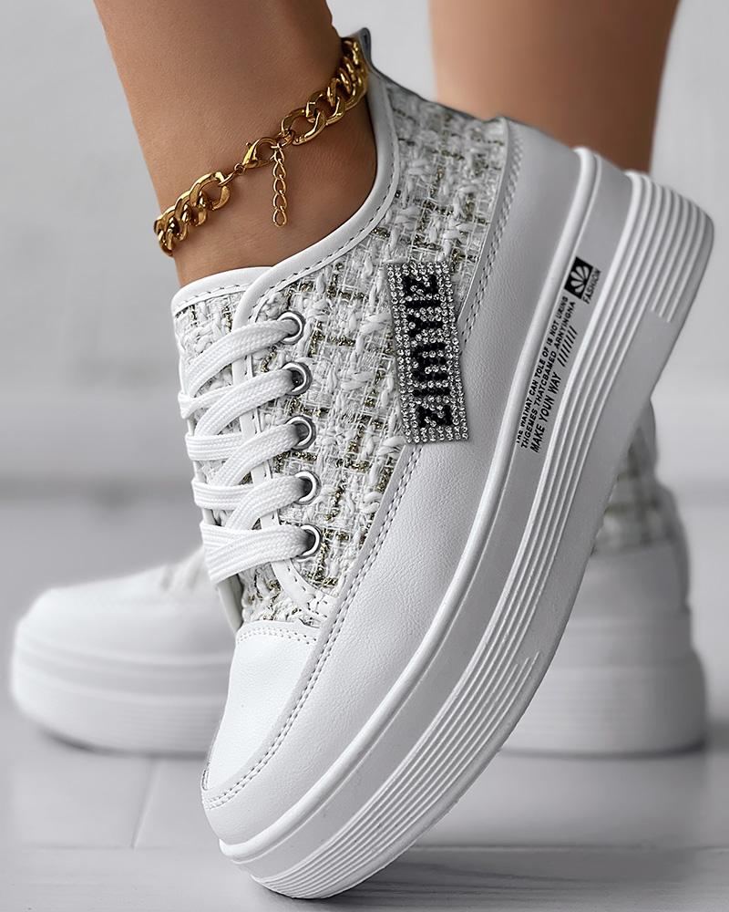 

Tweed Letter Pattern Lace-up Muffin Sneakers, White