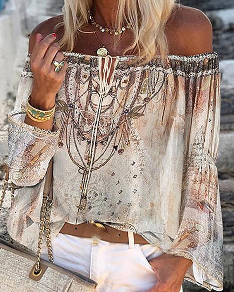 

All Over Print Lace Up Bell Sleeve Off Shoulder Top, Beige