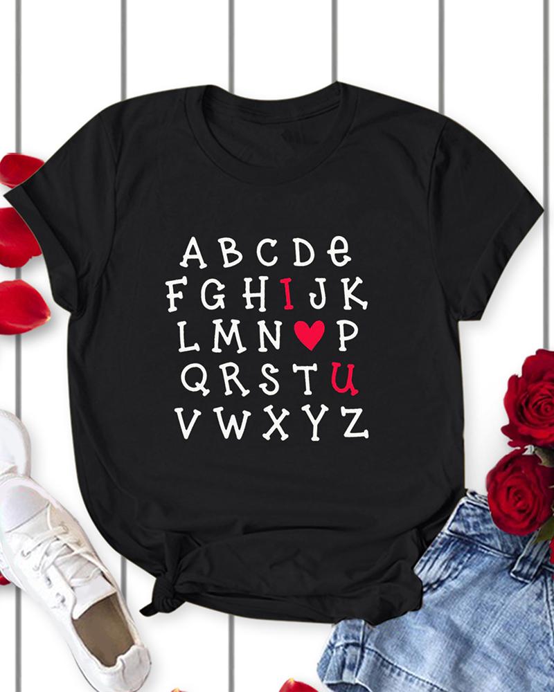 

Valentine's Day Short Sleeve Letter Heart Print T-shirt, Black