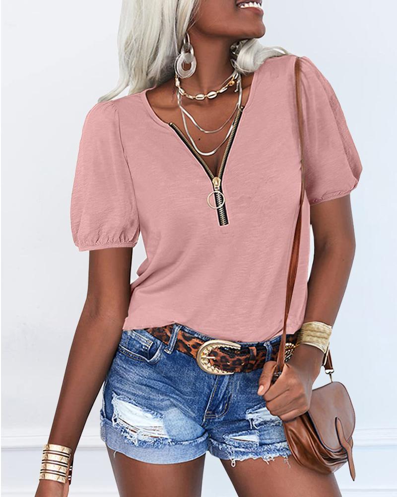 Buy Zipper Front Puff Sleeve Casual T-shirt. Picture