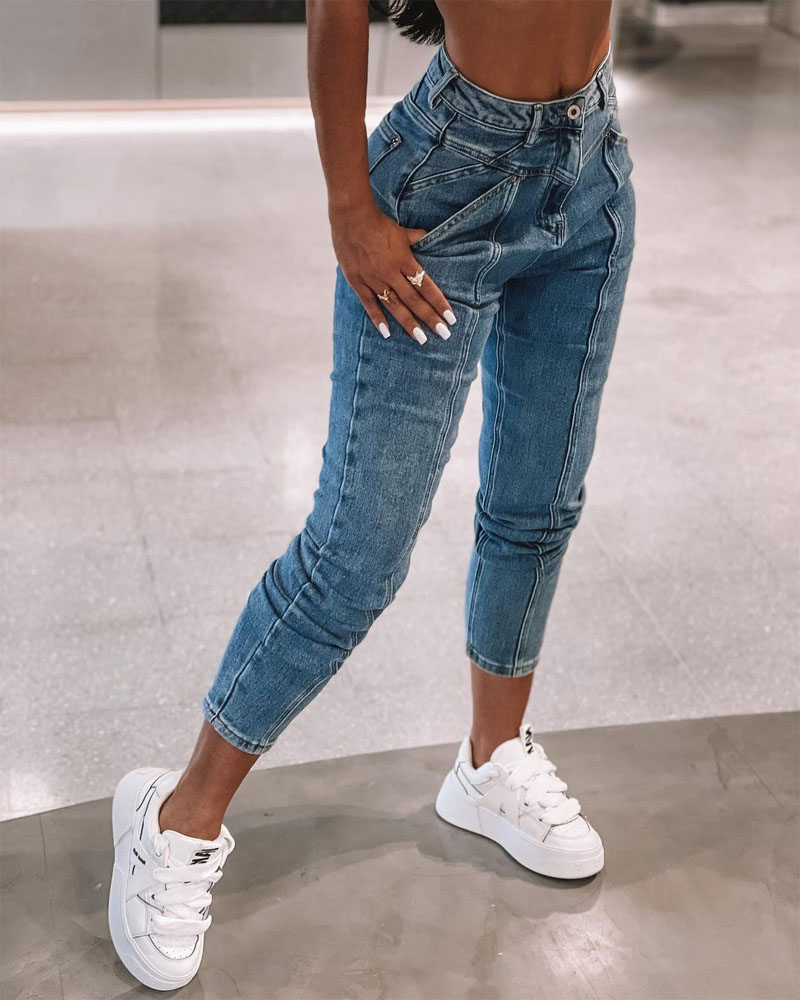 

Zipper Fly Patchwork Skinny Jeans, Blue