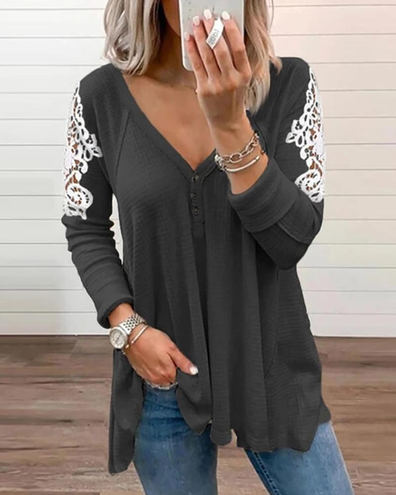 

Guipure Lace Patch Long Sleeve Top, Dark grey