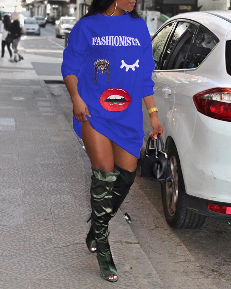 

Letter Eyelash Lip Print Casual Sweatshirt Dress, Blue
