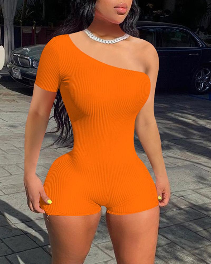 

One Shoulder Ribbed Skinny Romper, Orange