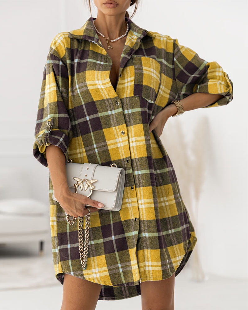 

Plaid Print Roll Up Sleeve Button Down Shirt Dress, Yellow
