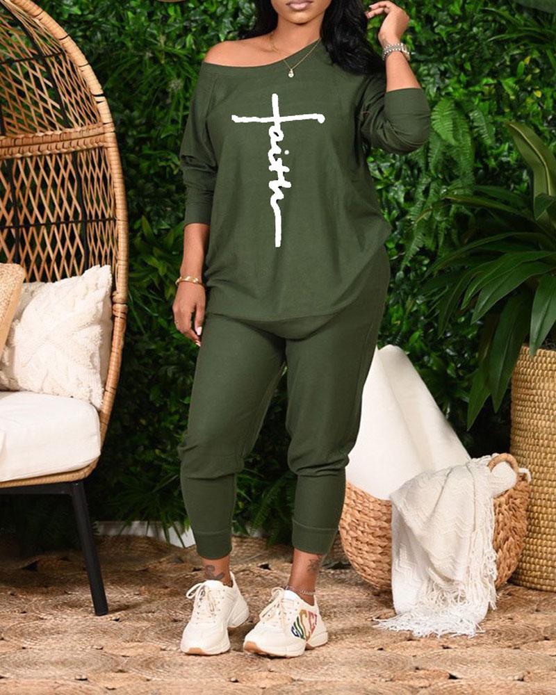 

Letter Print Raglan Sleeve Top & Drawstring Pants Set, Green