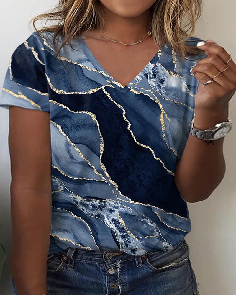 

Plus Size Marble Print Casual T-shirt, Blue