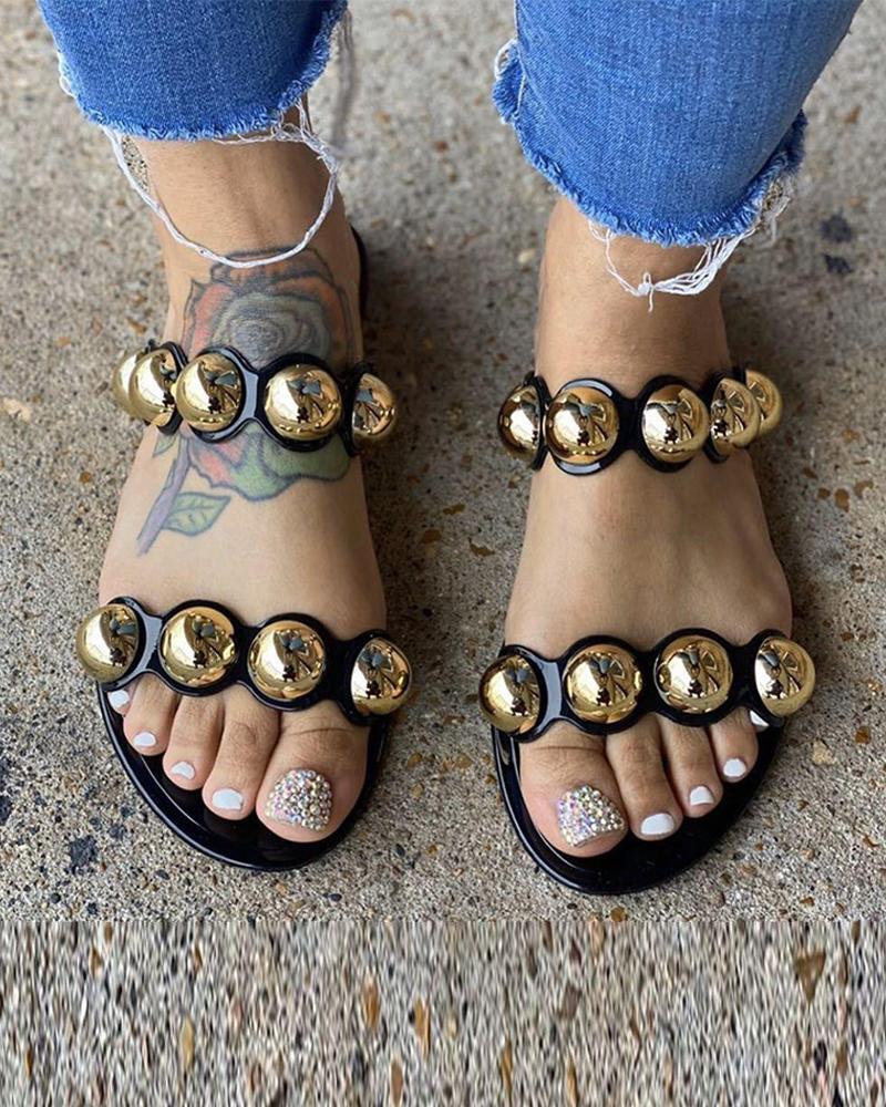 

Metal Embellished Double Strap Slides, Black