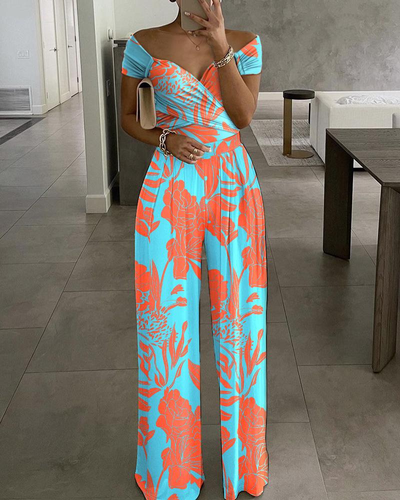 

Plants Print Off Shoulder Wide Leg Jumpsuit, Blue