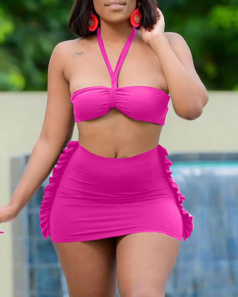 

Ruffle Hem Halter Backless Bikini Set, Hot pink