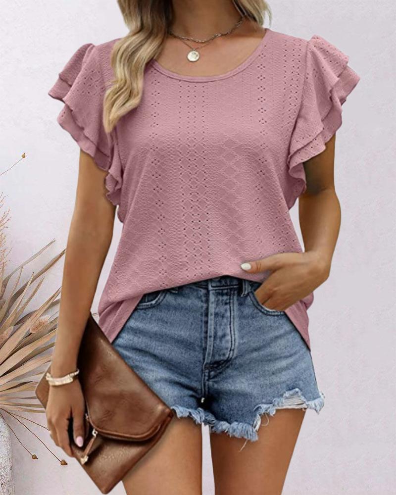 

Hollow Out Ruffle Hem Top, Pink