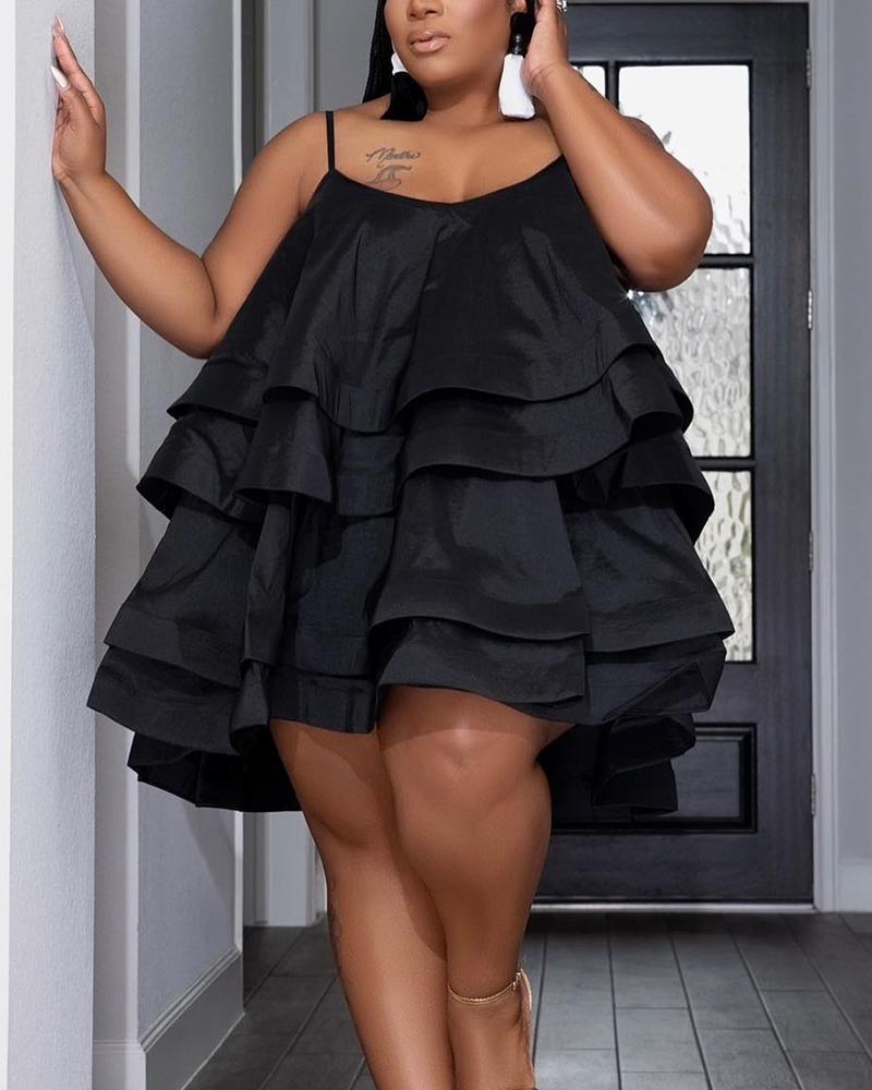 

Plus Size Layered Ruffles Spaghetti Strap Prom Dress, Black