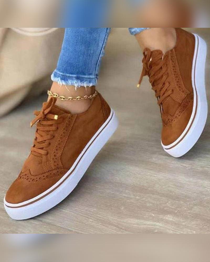 

Round-toe Solid Color Lace-up Suede Sneakers, Brown