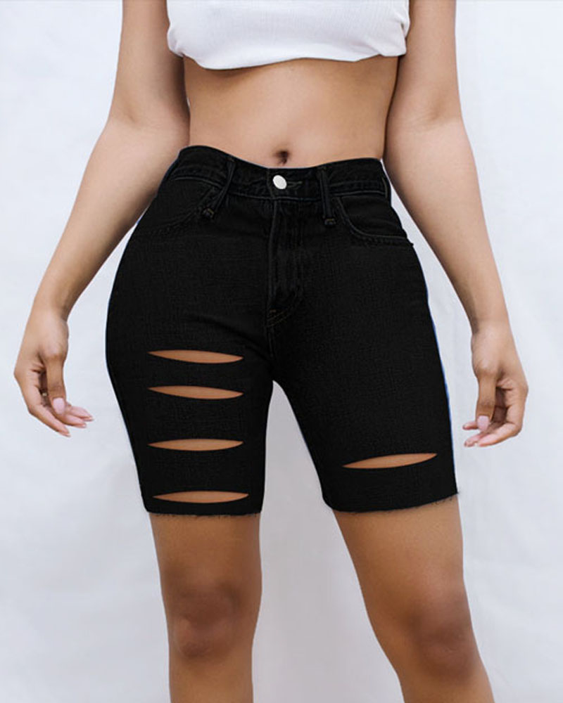

Zipper Fly Cutout Denim Shorts, Black
