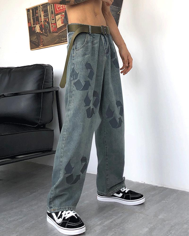 

Graphic Patterns Print Loose Straight Leg Denim Pants, Gray