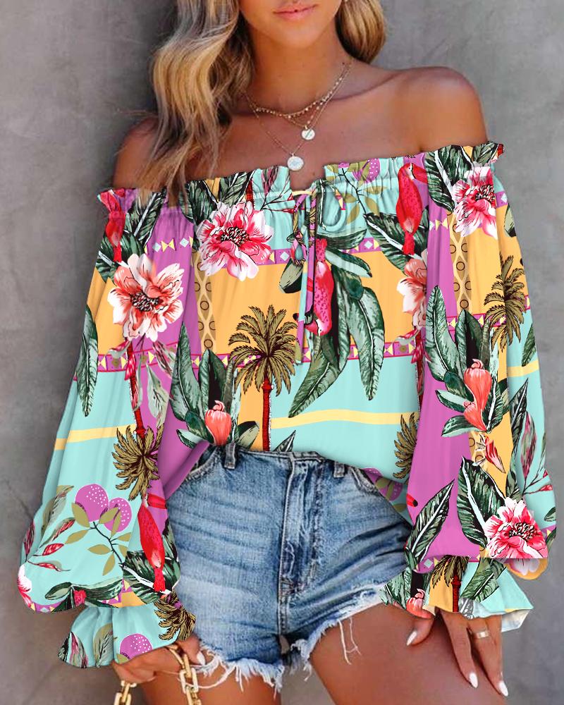 

Tropical Print Off Shoulder Lantern Sleeve Top, Multicolor
