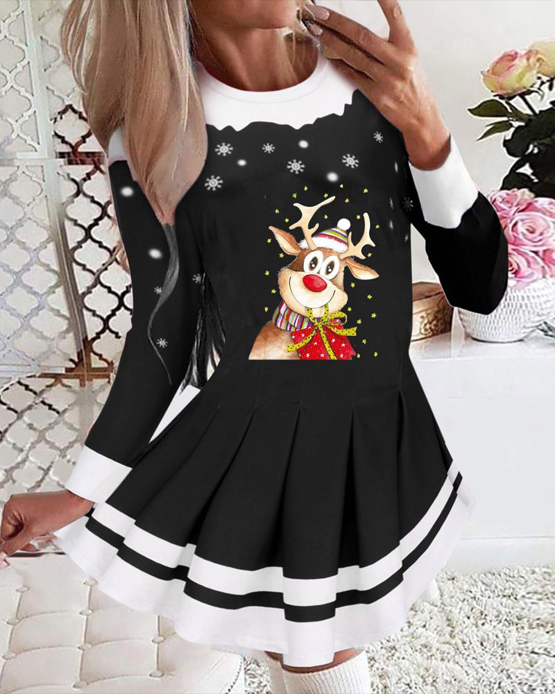 

Christmas Snowflake Elk Print Pleated Casual Dress, Black