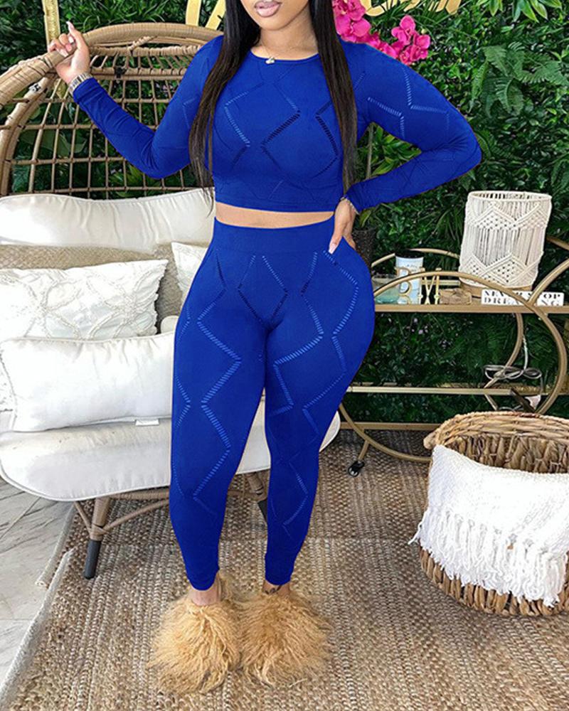 

Hollow Out Long Sleeve Crop Top & Skinny Pants Set, Blue