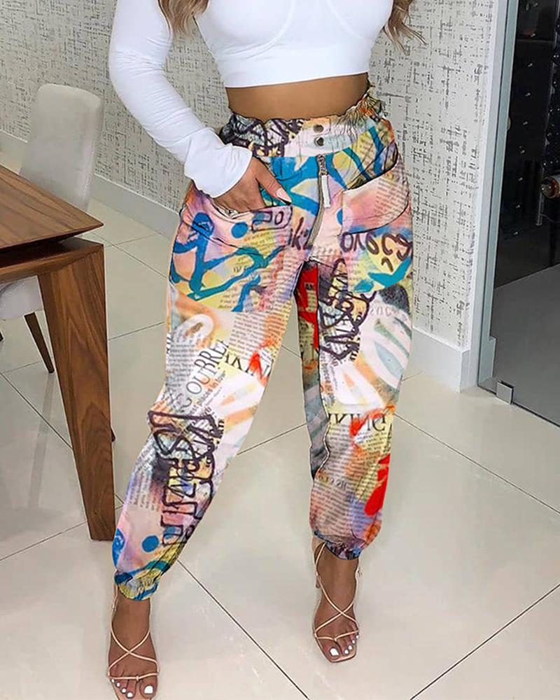 

Floral Print Zipper Pocket Design Shirring Detail Pants, Multicolor