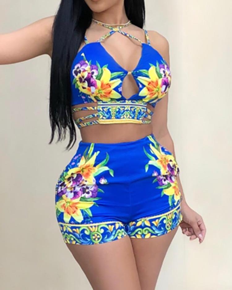 

Sexy Multi-strap Floral Print Shorts Set, Dark blue