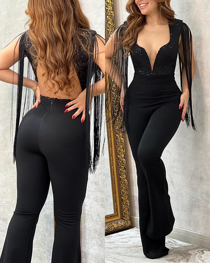 

Contrast Sequin Tassel Design Flared Jumpsuit, Black