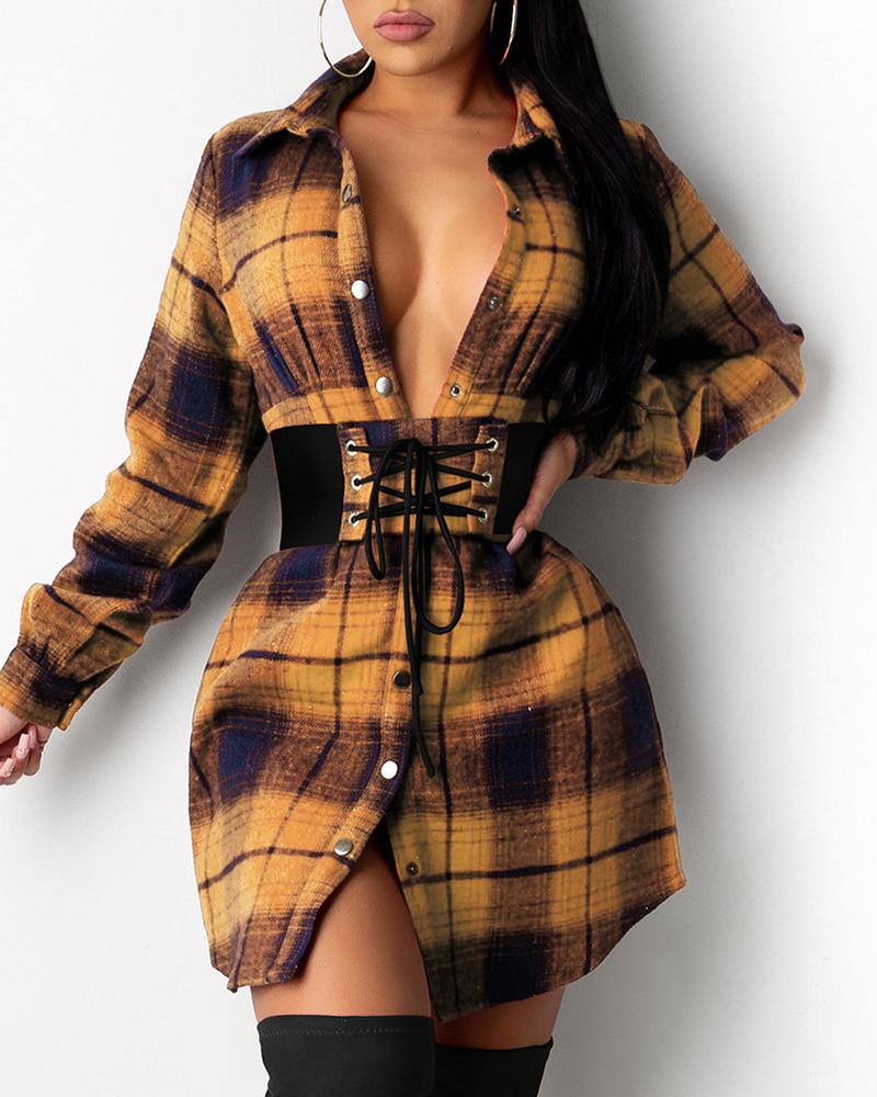 

Plaid Print Eyelet Lace Up Shirt Dress, Yellow