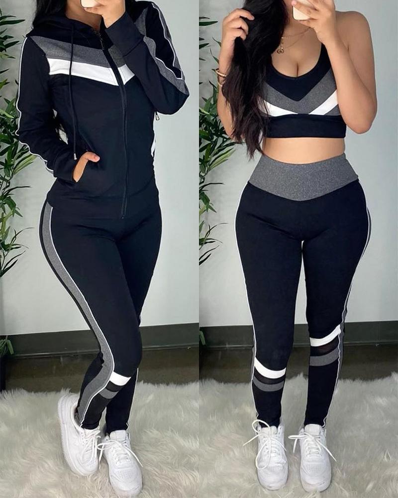 

3PCS Contrast Paneled Crop Top & Pants Set With Coat, Black