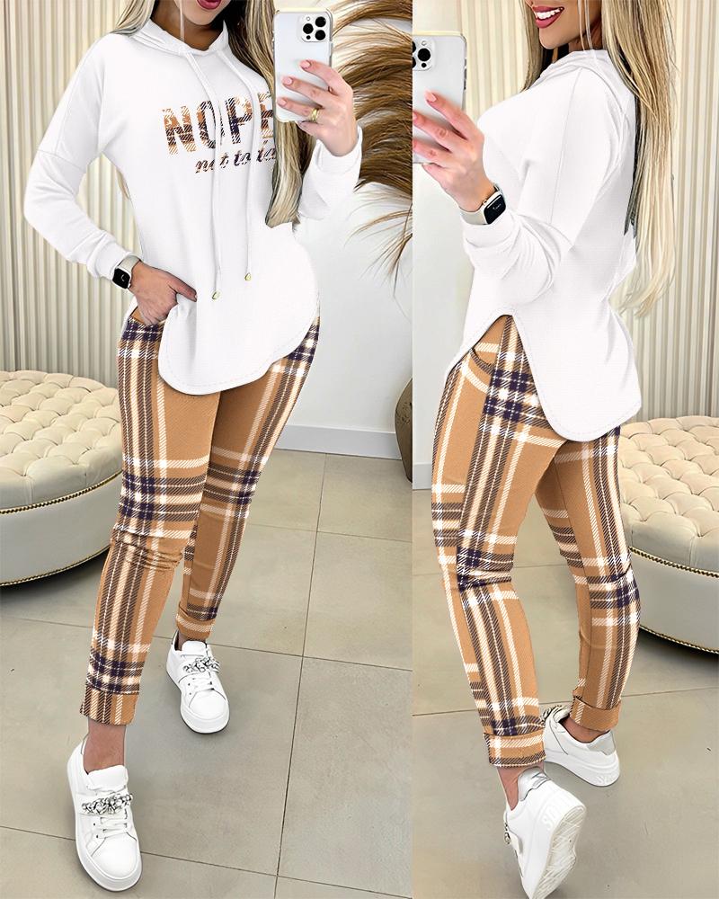 

Plaid Nope Not Today Print Hoodie Top & Pants Set, Brown