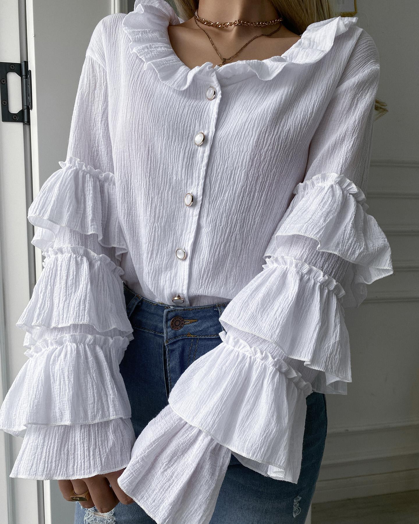 

Juilet Sleeve Frill Hem Ruffles Buttoned Top, White