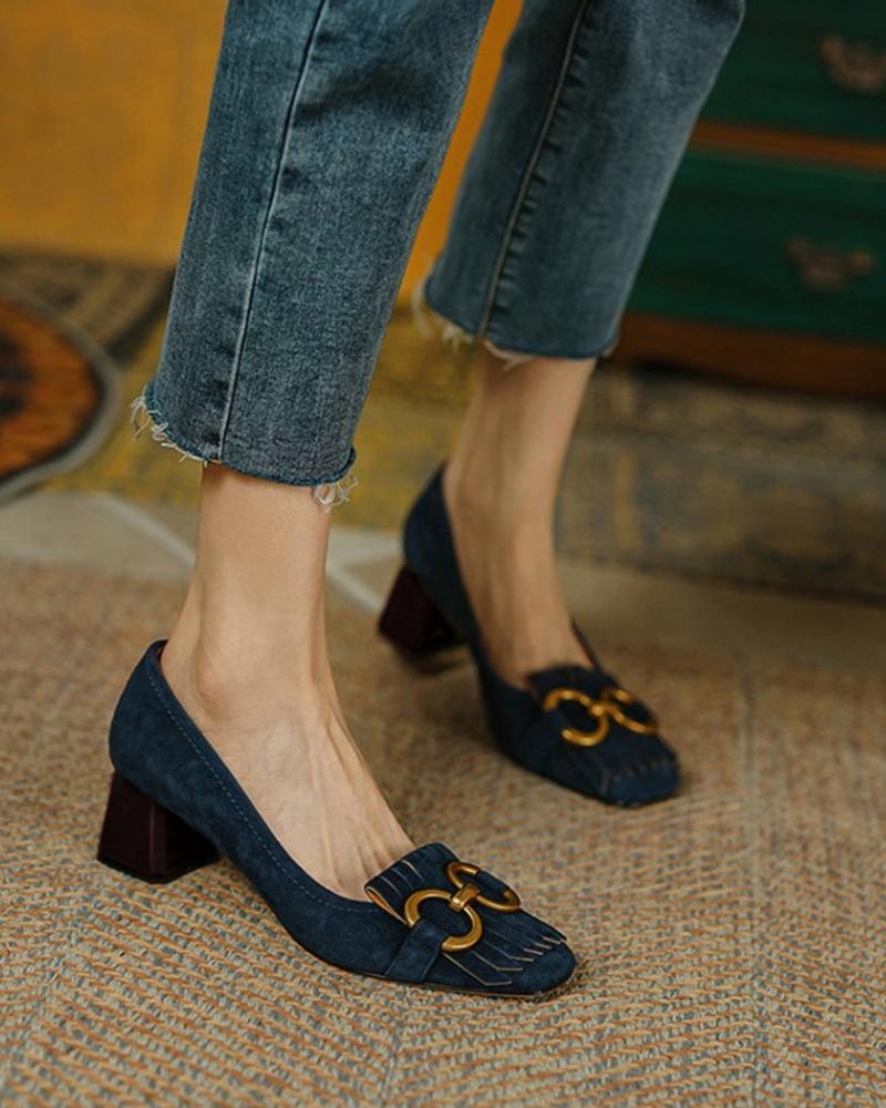 

Suede Horsebit Tassel Design Chunky Heels, Blue