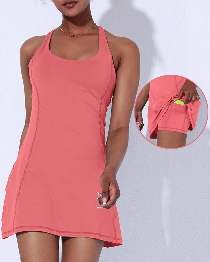 

Crisscross Backless Contrast Piping Dress & Pocket Design Shorts Set, Pink