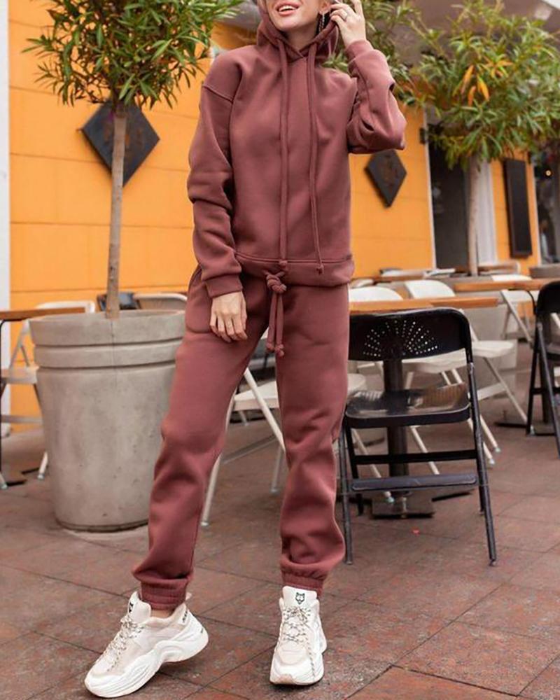 

Plain Drawstring Front Hooded Top & Pants Set, Pink