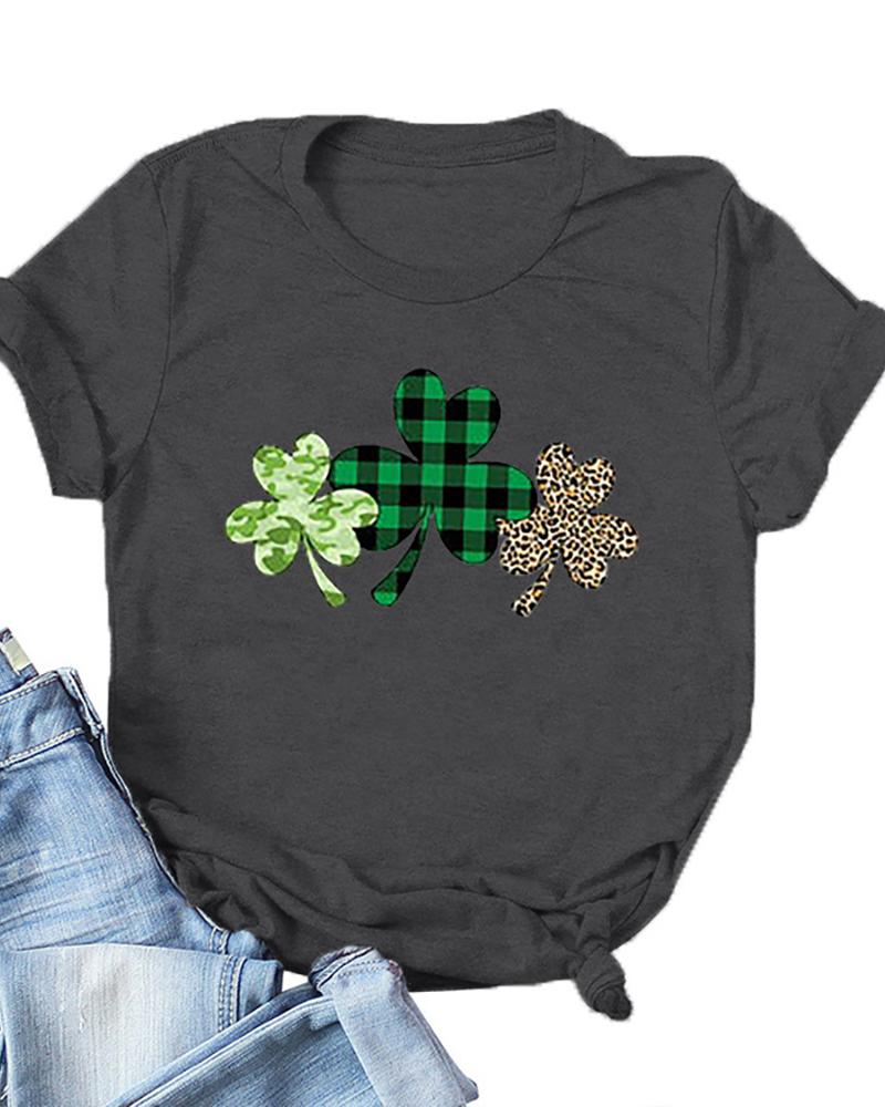 

St.Patrick's Day Clover Print Short Sleeve T-Shirt, Dark grey